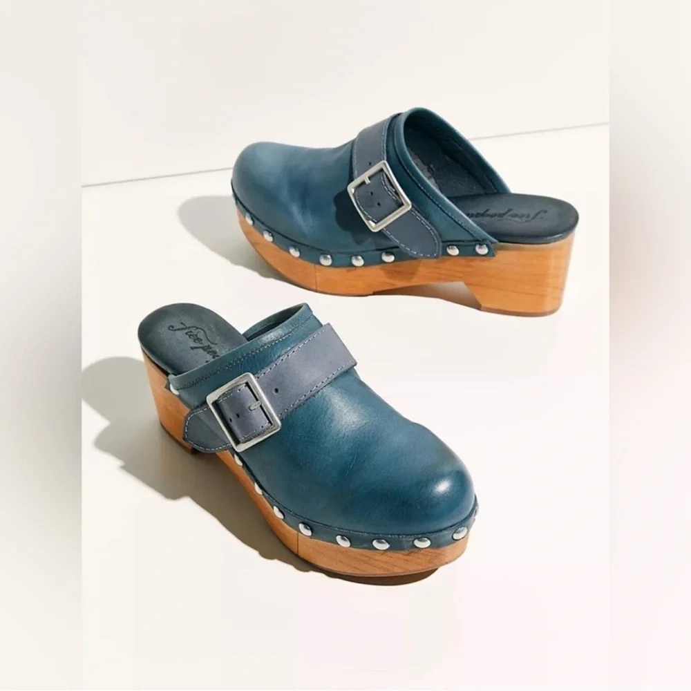 Free People Teal Leather Studded Clog Mules
